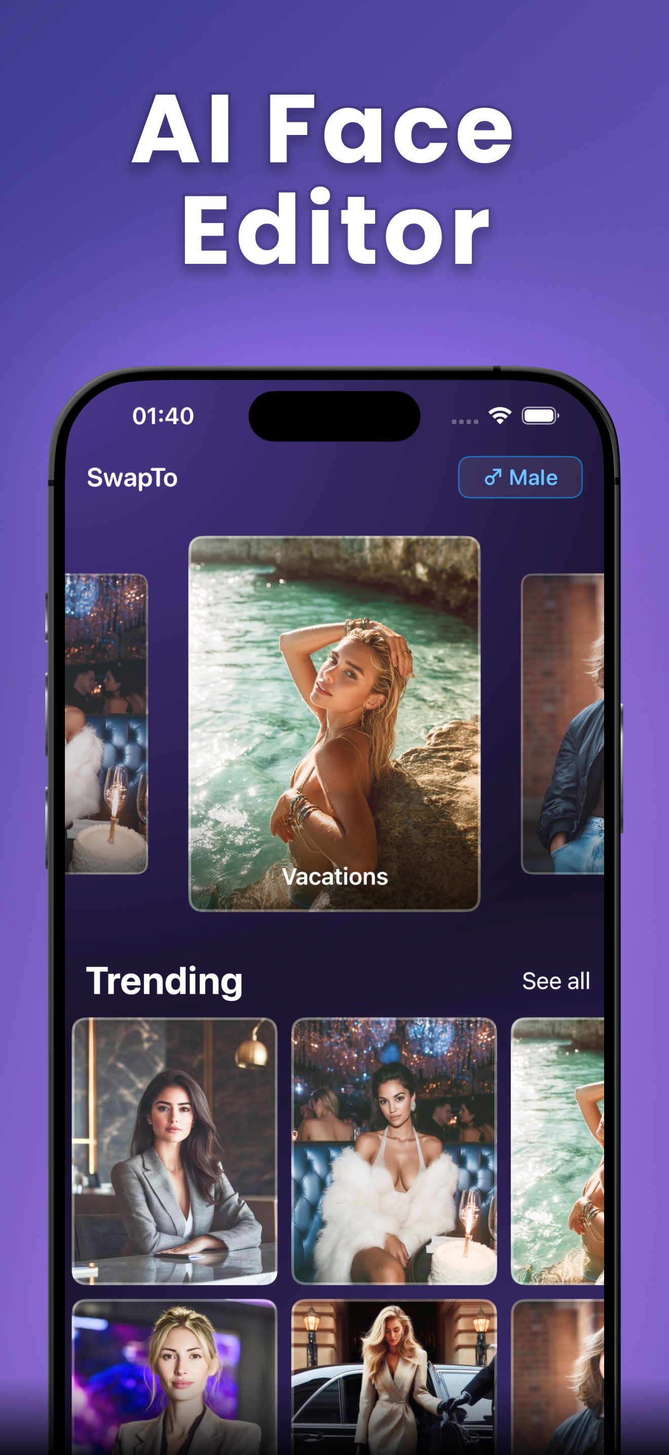 The SwapTo home screen showing the Male / Female switch, a featured Vacations collection, and a Trending grid of face-swap templates