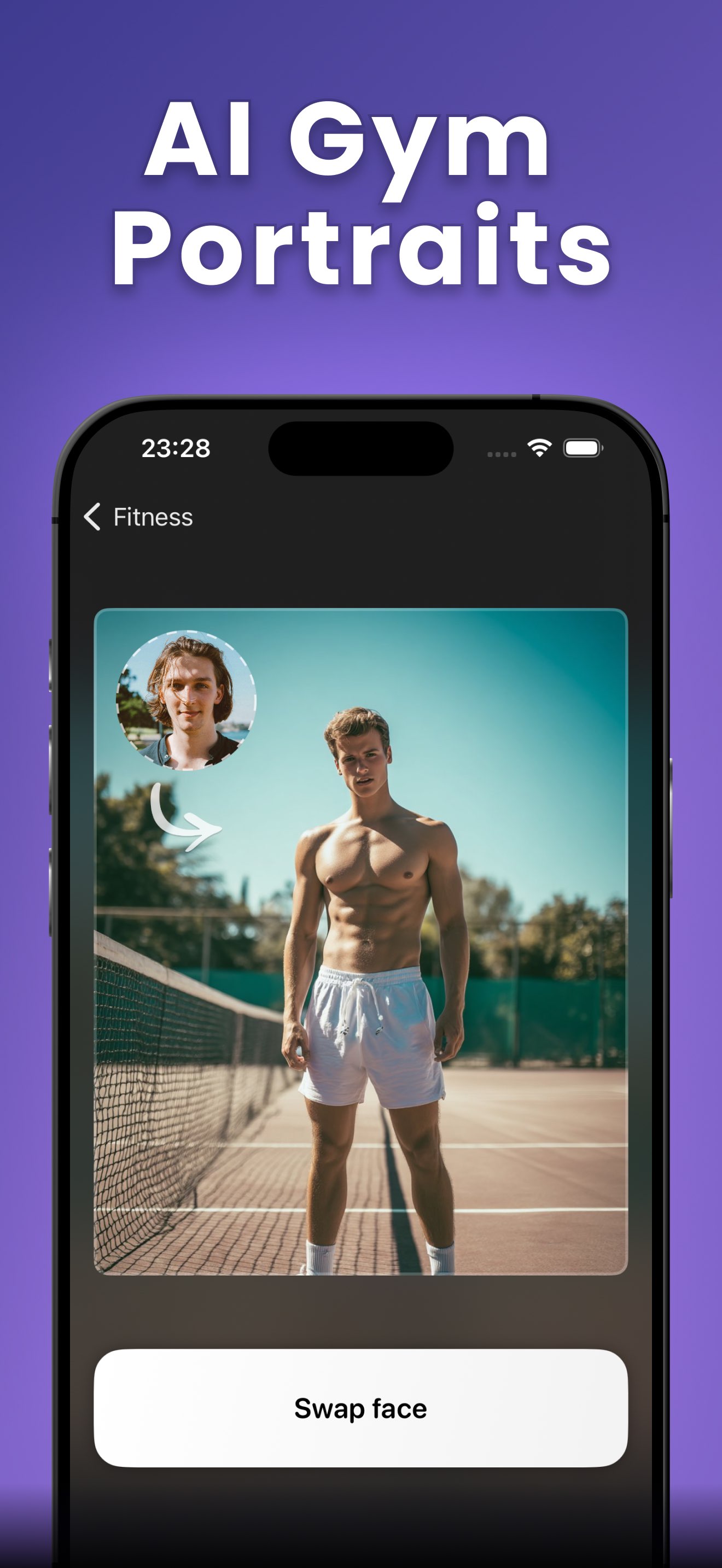 SwapTo swapping a user's face onto an athletic fitness template on an outdoor court, ready to swap into an AI gym portrait